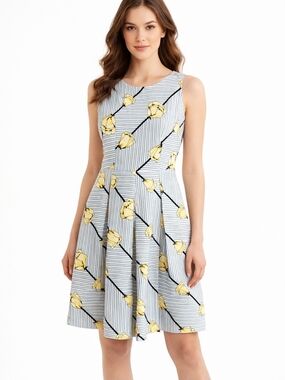 Talbots Blue Stripe Floral Fit-and-Flare Mini Dress with Yellow Blooms